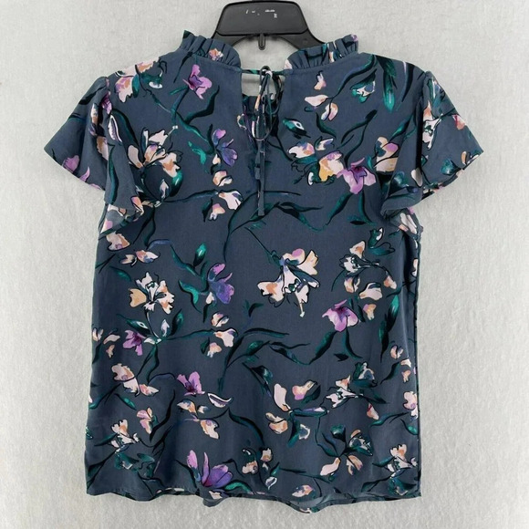 Halogen Blouse Women's Sz S Blue Purple Floral Ruffle Flutter Sleeves Sheer - Picture 2 of 11